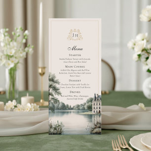 Elegant French Château Monogram Wedding Menu Card