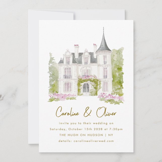 Elegant French Chateau Watercolor Wedding Invitation (Front)