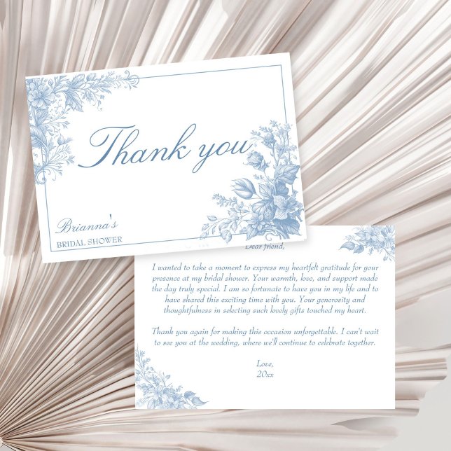 Elegant French chinoiserie blue bridal shower Thank You Card (Elegant French chinoiserie dusty blue bridal shower Thank You Card summer baroque vintage design)
