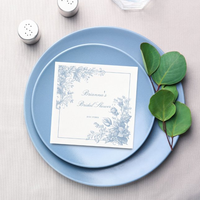 Elegant French chinoiserie blue monogram printed Napkins (Elegant French toile chinoiserie dusty blue monogram printed Napkins bridal shower table decor)