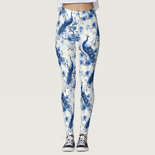 Elegant French Chinoiserie Blue Watercolor Peacock Leggings (Front)