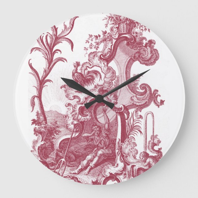 Elegant French Country Antique Red Toile de Jouy Large Clock (Front)