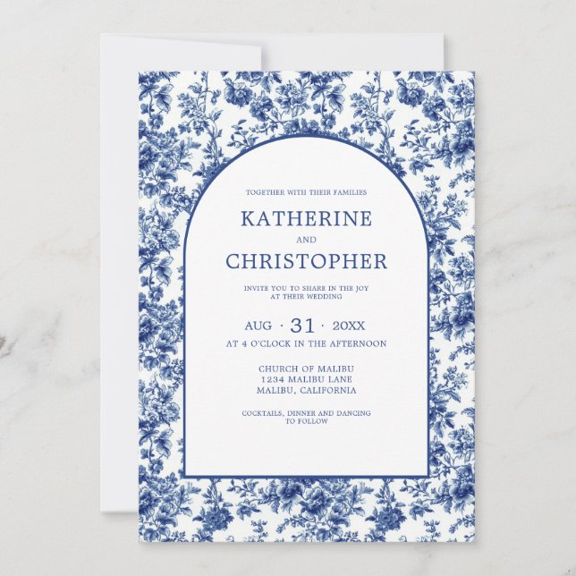 Elegant French Country Blue Toile Floral Wedding Invitation (Front)