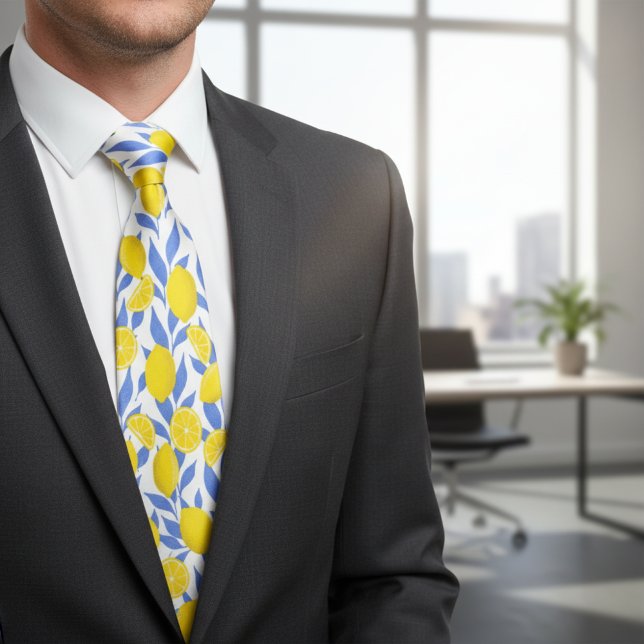 Elegant French Country Lemon Blue Botanical Neck Tie (Creator Uploaded)