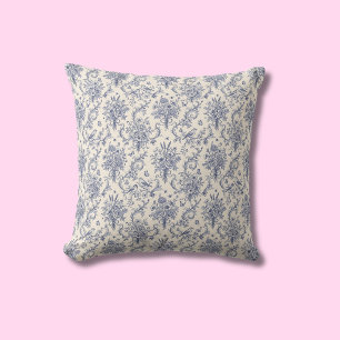 Elegant French Country Toile de Jouy Blue Pattern Throw Pillow