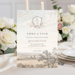 Elegant French Country Toile Monogram Wedding Invitation