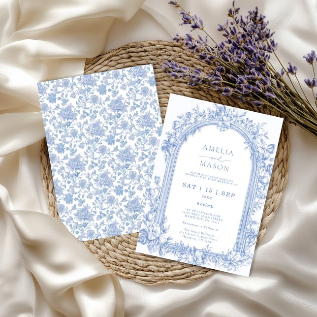 Elegant French Dusty Blue Vintage Arch Wedding Invitation (Elegant French Blue Toile Arched Wedding Invitation front and back)