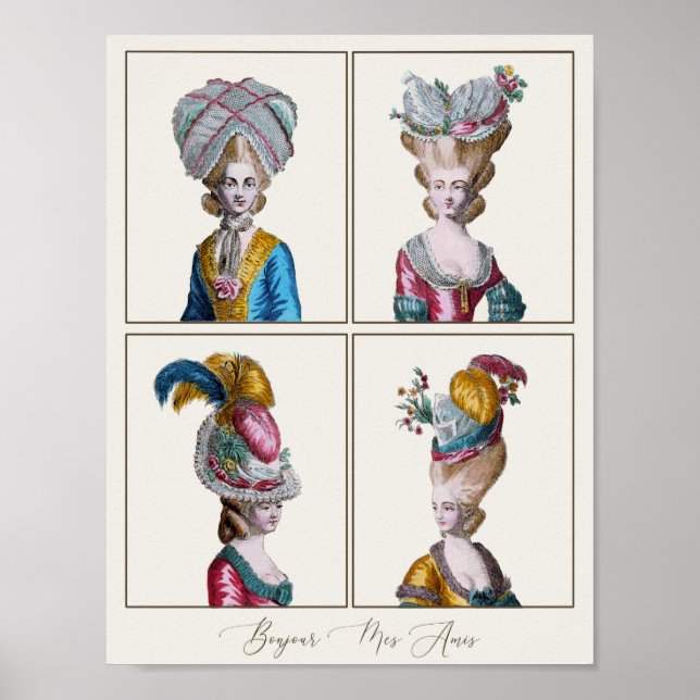 Elegant French Fashion Drawing, Four Hairstyles Poster (Front)