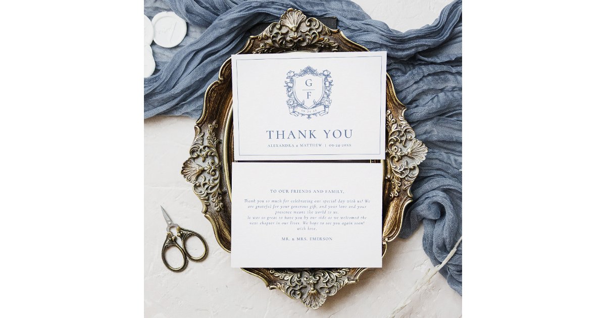 Elegant French Floral Blue Monogram Crest Wedding Thank You Card | Zazzle