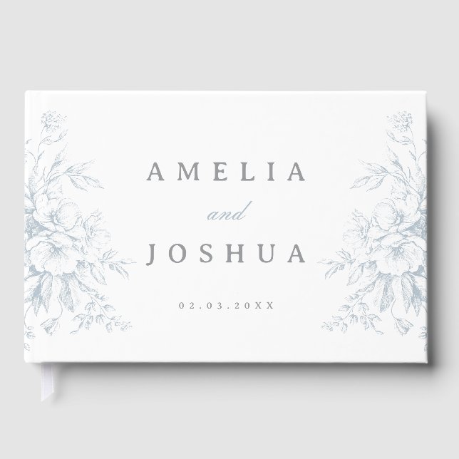 Elegant French Floral Blue Toile Wedding Foil Guest Book (Front)