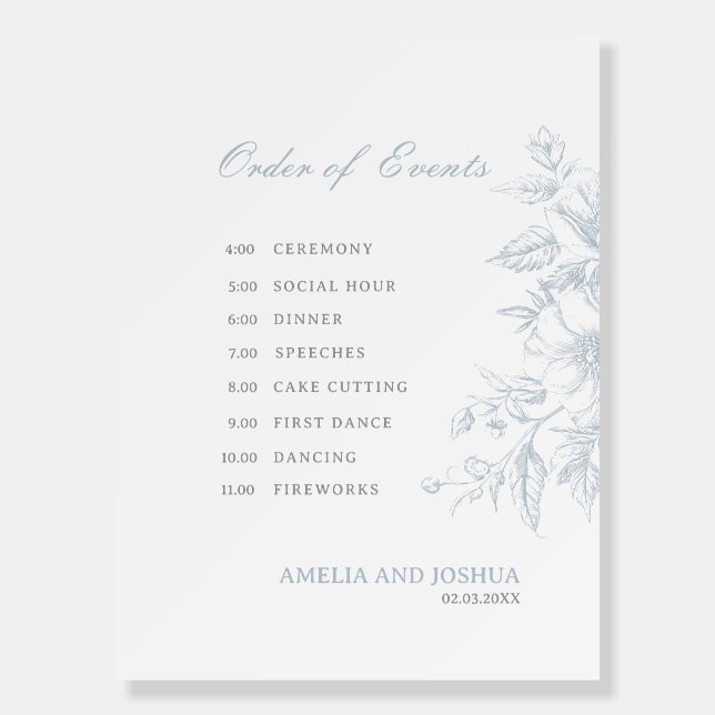 Elegant French Floral, Blue Toile Wedding timeline Foam Board (Front)