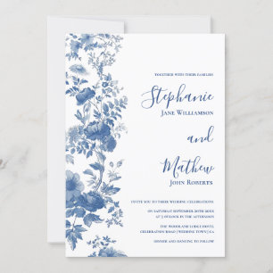 Elegant French Floral Toile Blue Wedding Invitation