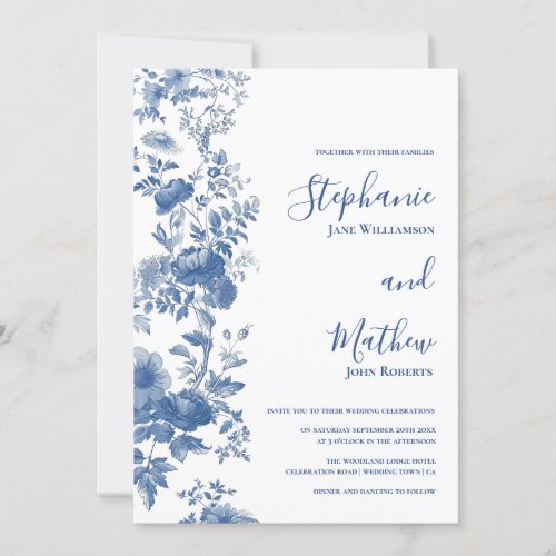 Elegant  French Floral Toile Blue Wedding Invitation