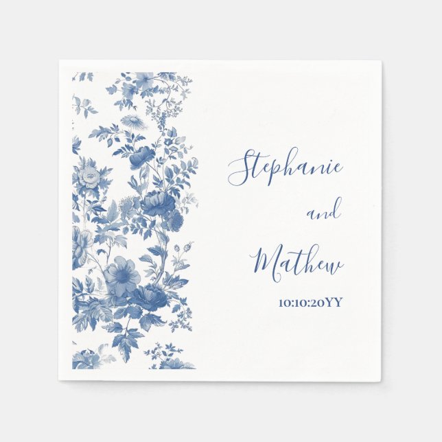 Elegant  French Floral Toile Blue Wedding Napkins (Front)