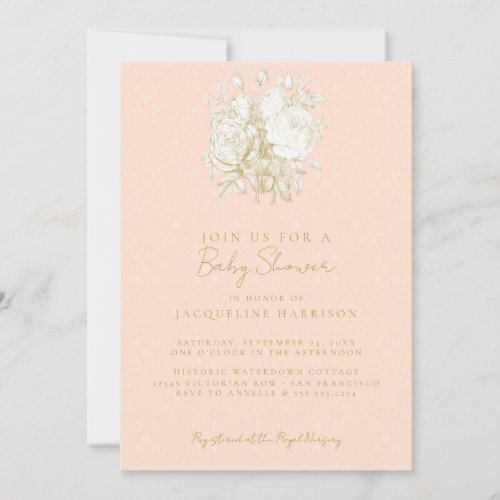 Elegant French Floral Toile Pink Gold Baby Shower  Invitation