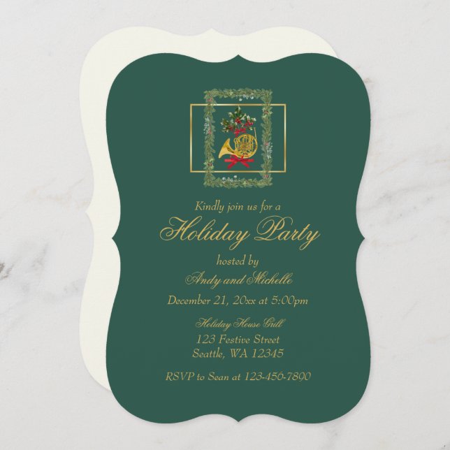 Elegant French Horn Christmas Dark Green Flat Card (Front/Back)