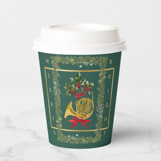Elegant French Horn Christmas Dark Green Paper Cups (Front)