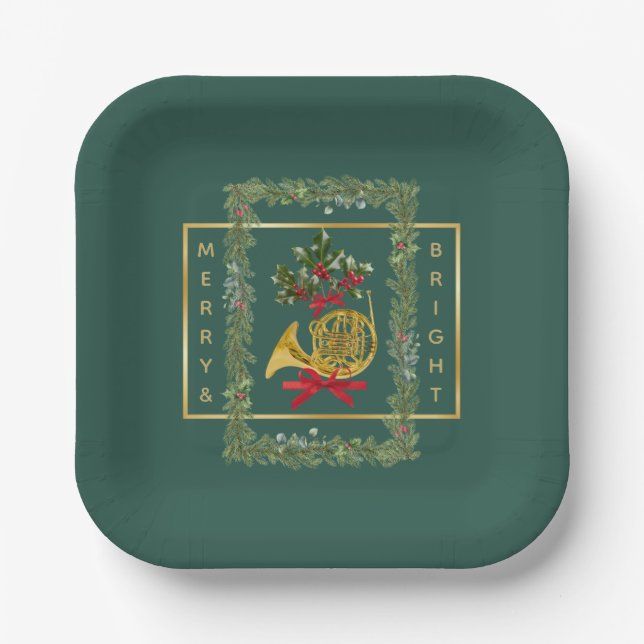 Elegant French Horn Christmas Dark Green Paper Plates (Front)