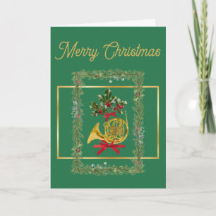 Elegant French Horn Christmas Green Holiday Card