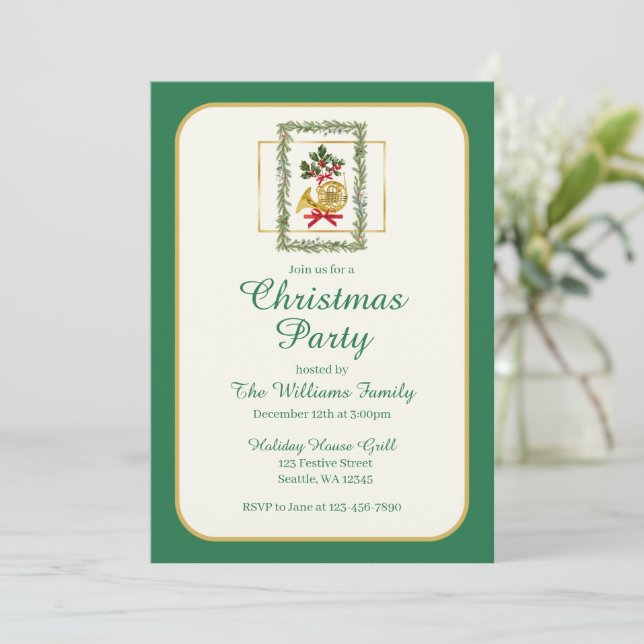Elegant French Horn Christmas Green Invitation (Standing Front)