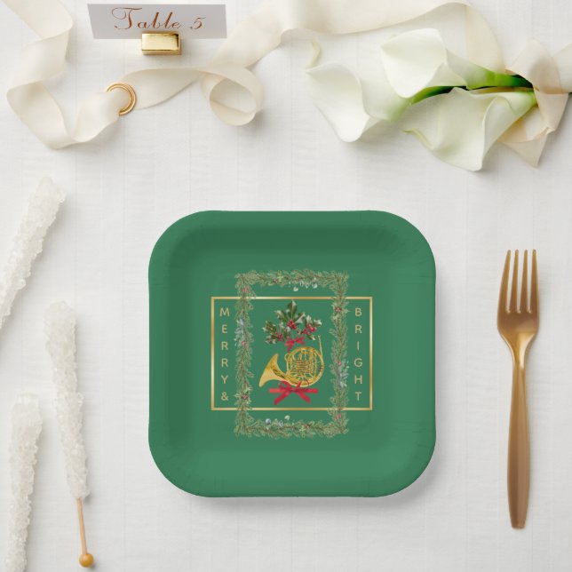 Elegant French Horn Christmas Green Paper Plates (Wedding)