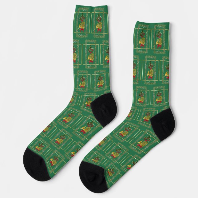 Elegant French Horn Christmas Green Socks (Left)