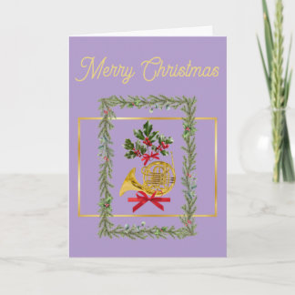 Elegant French Horn Christmas Lavender Holiday Card