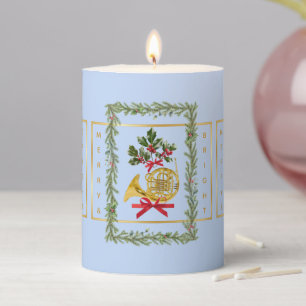 Elegant French Horn Christmas Light Blue Pillar Candle