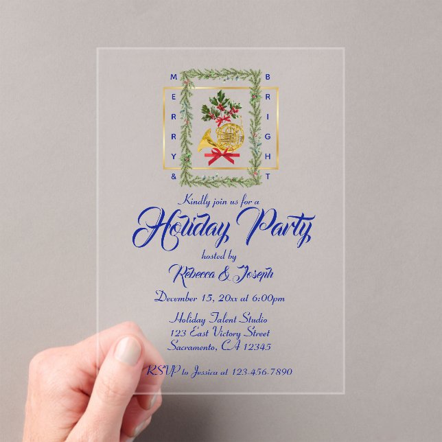 Elegant French Horn Christmas Royal Blue Acrylic Invitations (Insitu (Handheld))