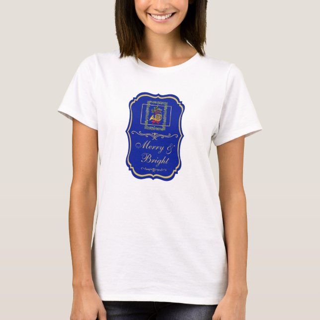 Elegant French Horn Christmas Royal Blue Emblem T-Shirt (Front)