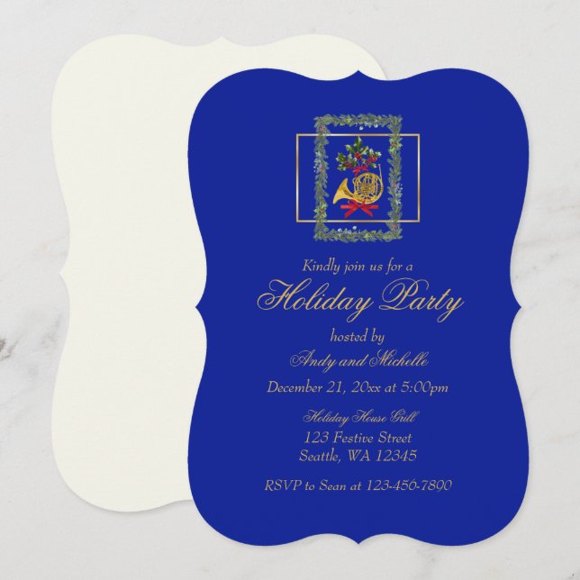 Elegant French Horn Christmas Royal Blue Flat Card (Front/Back)