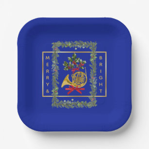 Elegant French Horn Christmas Royal Blue Paper Plates