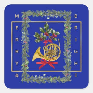 Elegant French Horn Christmas Royal Blue Square Sticker