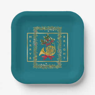 Elegant French Horn Christmas Teal Paper Plates