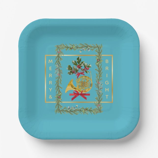 Elegant French Horn Christmas Turquoise Paper Plates (Front)