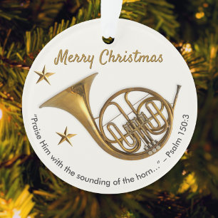 Elegant French Horn with Psalm 150:3 Christmas Ornament