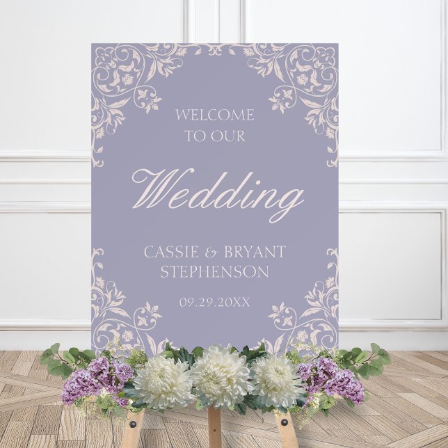 Elegant French Lilac Welcome to Our Wedding Sign (lavender purple and blush pink wedding welcome sign with bride and groom names date french lilac)