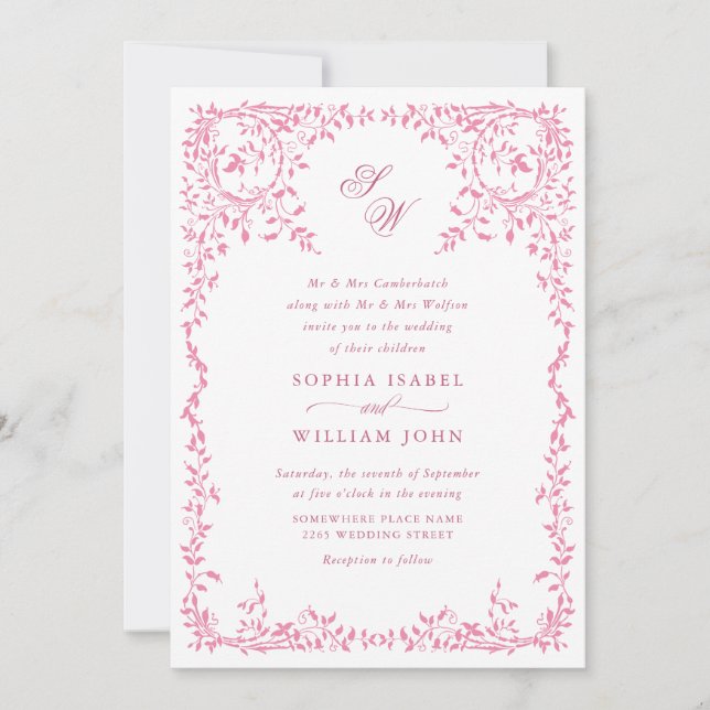 Elegant French Ornate Floral Frame Wedding QR code Invitation (Front)