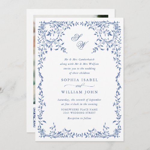 Elegant French Ornate Floral Frame Wedding QR code Invitation