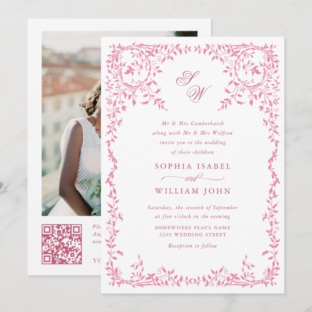 Elegant French Ornate Floral Frame Wedding QR code Invitation (Front/Back)