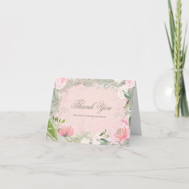 Elegant French Pink Floral Bridal Shower Thank You (Front)