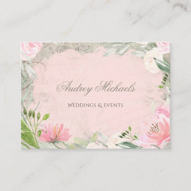 Elegant French Pink Floral Wedding Event Planner Business Card (Front)