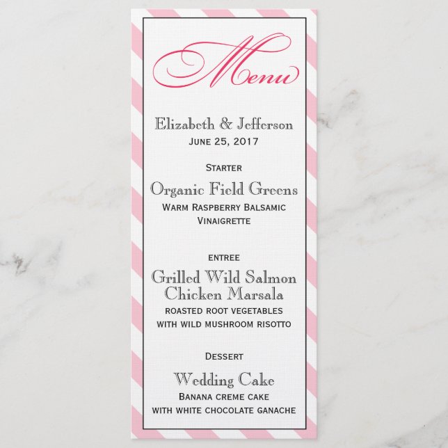 Elegant French Pink Script Wedding Menu Card (Front)