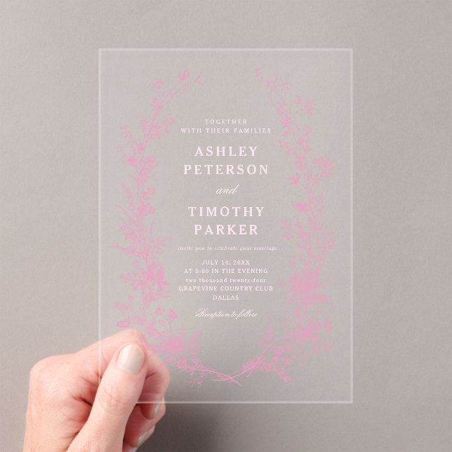 Elegant French Pink Toile Floral Wedding Acrylic Invitations (Insitu (Handheld))