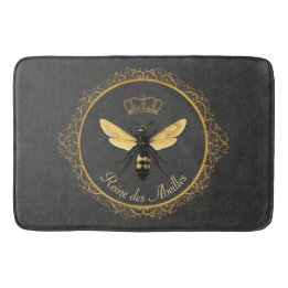 Elegant French Queen Bee Gray Gold Yellow Bath Mat