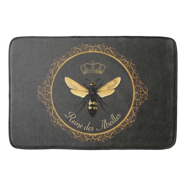 Elegant French Queen Bee Gray Gold Yellow Bath Mat (Front)