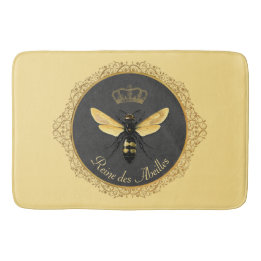 Elegant French Queen Bee Gray Gold Yellow Bath Mat