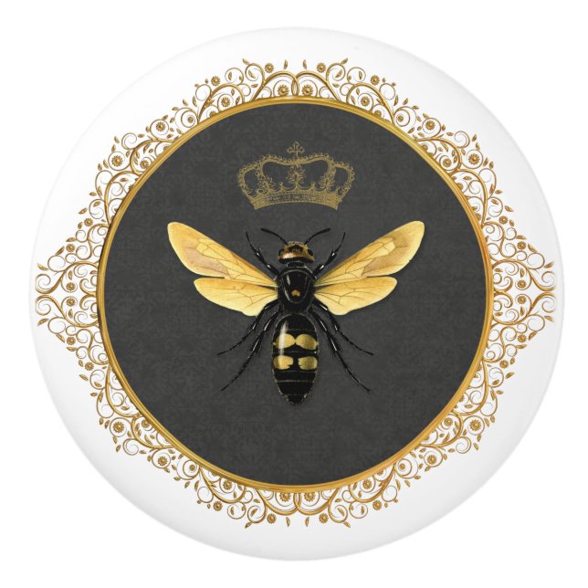 Elegant French Queen Bee Gray Gold Yellow Ceramic Knob (Front)