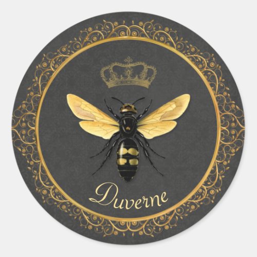 Elegant French Queen Bee Gray Gold Yellow Classic Round Sticker
