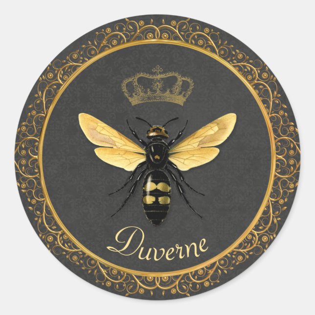 Elegant French Queen Bee Gray Gold Yellow Classic Round Sticker (Front)
